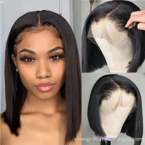 Cheap Raw Indian Hair 150% 180% 200% Density Short Silky Straight Bob Wigs For Black Women Human Hair Lace Frontal Closure Wig